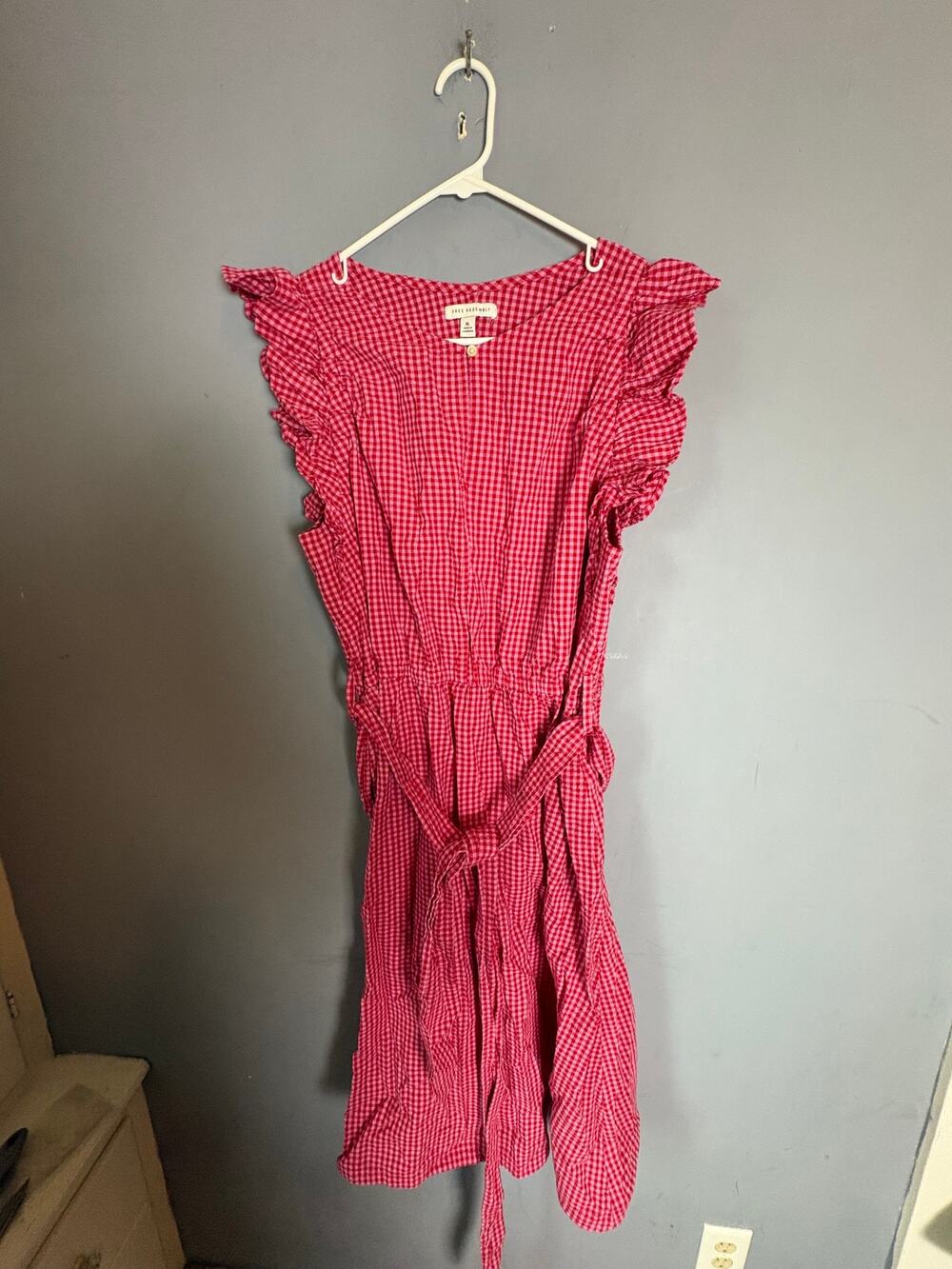 Free Assembly Red White Checkered Ruffle Sleeve Dress 98 Cotton 2 Spandex XL